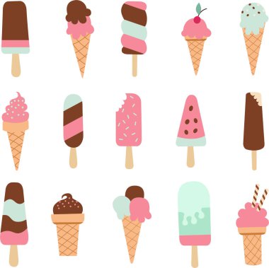 Dondurma külahı ve bar. Dondurma çizimleri koleksiyonu. Kağıt kesim tarzı tatlı dondurma.