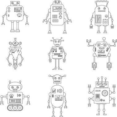 El çizimi robot karakterler. Mekanik şirin tasarım. Farklı şirin robotlar. Vektör illüstrasyonu