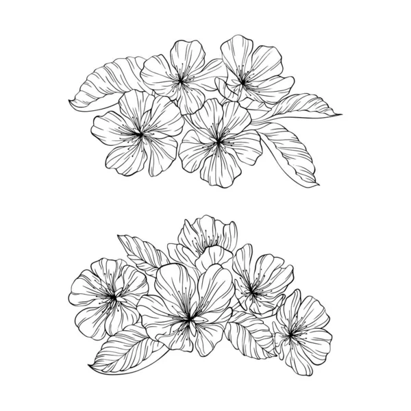 Flores Pêra Folhas Isoladas Branco Ilustração Vetorial Linha Desenhada Mão — Vetor de Stock