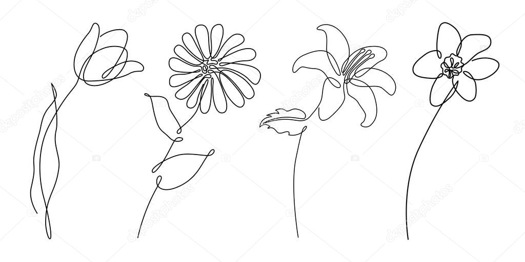 Abstract line flower. Continuous vector art. Stylized black line sketch
