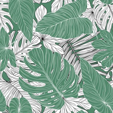 Tropik yapraklı desen. Vektör el çizildi