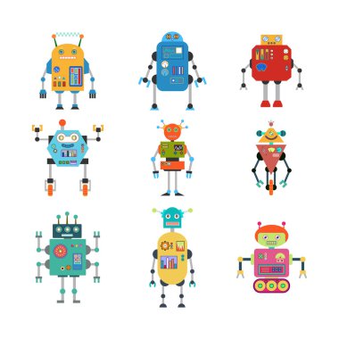 El yapımı robot karakterler. Farklı şirin robotlar. Vektör illüstrasyonu