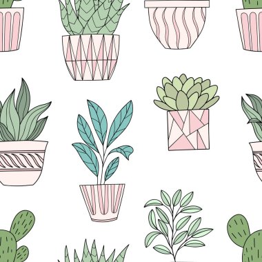 Çiçek saksılarındaki bitkilerle vektör olarak sakin bir arkaplan düzeni. İç dekorasyon zarif siyah beyaz grafiklerle resmedilmiş..