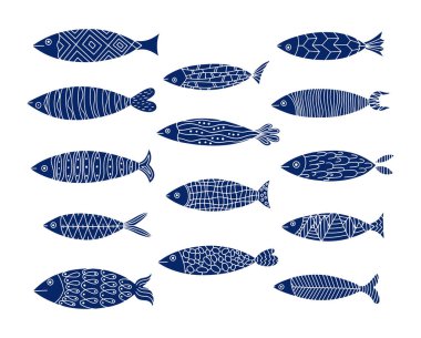 Denizci balıkları. Şekil verilmiş balık koleksiyonu. Komik karalama seti