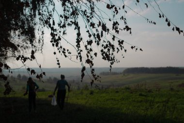 Ormanın bulutlu bir sabahında mantar toplayıcıları