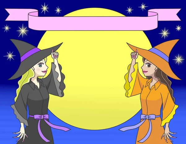 Two Young Witches Posing Hats Front Moon — Stock Photo, Image