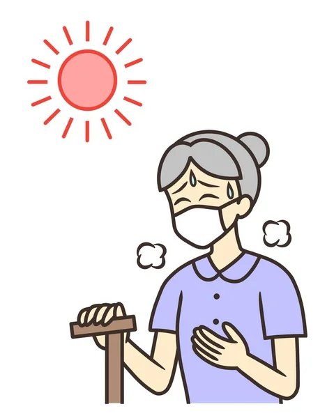 Eine Ältere Frau Mit Gesichtsmaske Leidet Unter Sommerhitze — Stockfoto