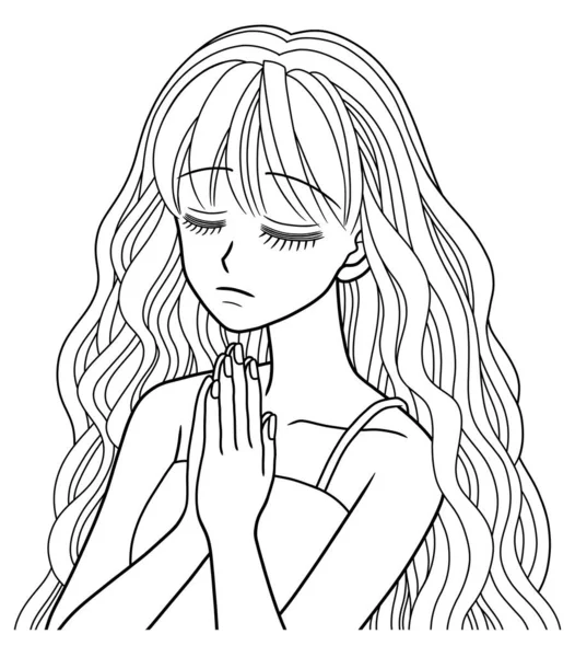 Line drawing of a young woman with long wavy hair closing her eyes and holding her hands together in prayer