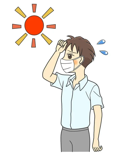 Yaz sıcağından muzdarip tıbbi maskeli genç bir adam.