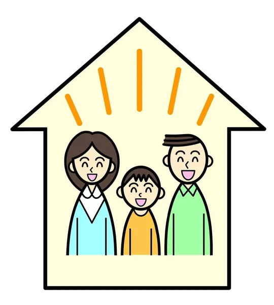 Evde gülen üç kişilik bir aile.