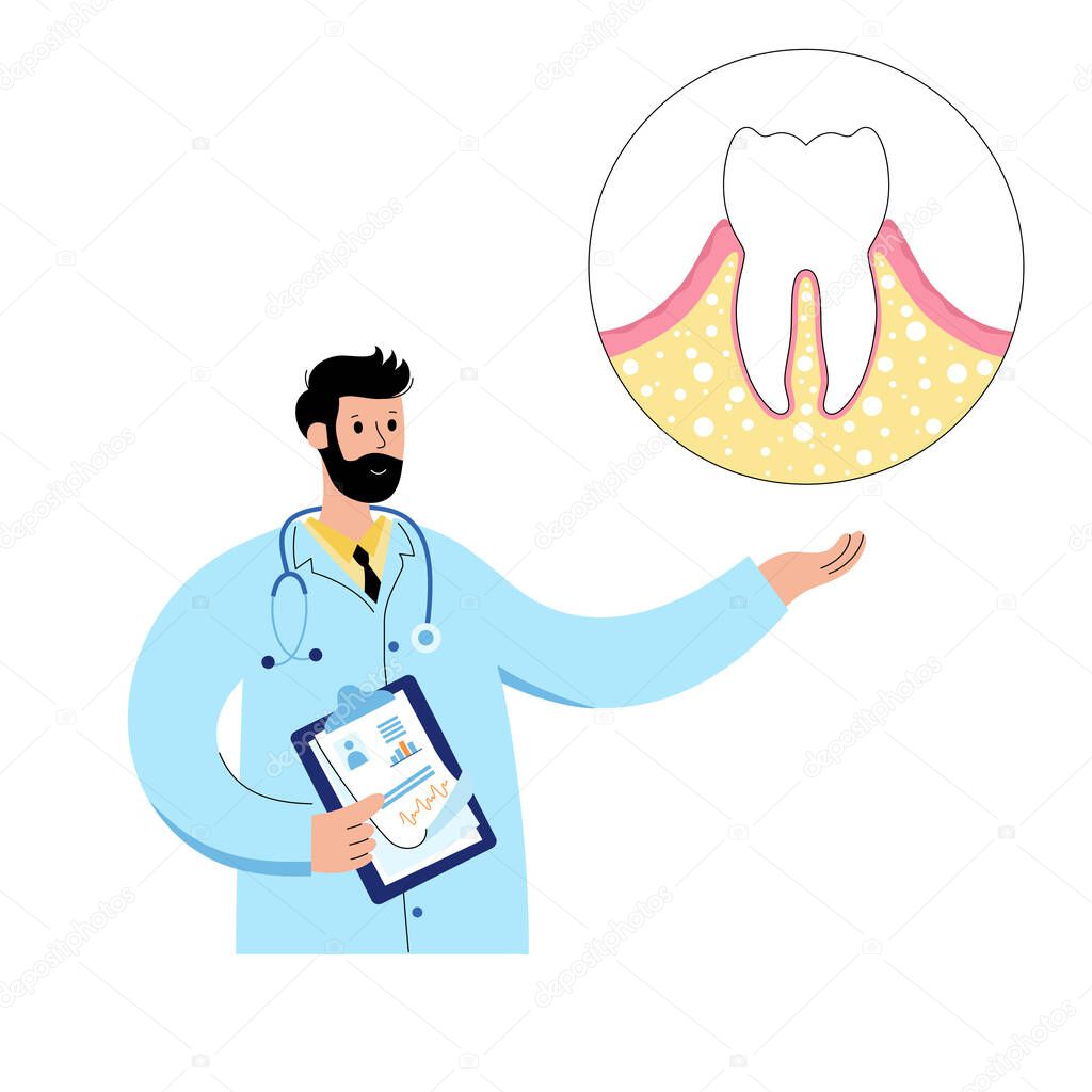Dental clinic care logo. Doctor dentist in stomatology, tooth anatomy poster isolated flat vector illustration. Oral hygiene medical banner. Medicine, pills, diagnosis and treatment for teeth disease.