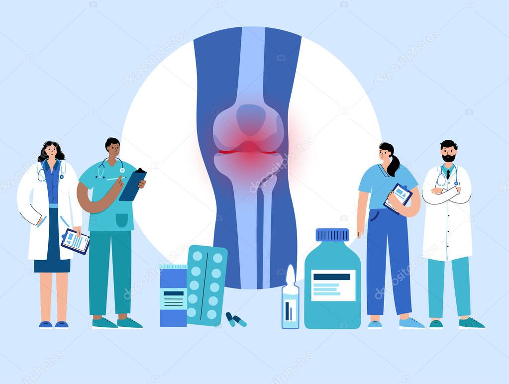 Arthritis knee joint logo template. Rheumatoid arthritis clinic logo. Doctors appointment and medical exam flat vector illustration. Skeleton x ray scan. Painful injury erosion medical poster.