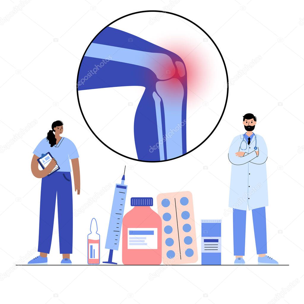 Arthritis knee joint banner. Rheumatoid arthritis clinic logo. Pain in leg. Human bone anatomy flat vector illustration. Skeleton x ray scan concept. Painful injury and erosion on medical poster.