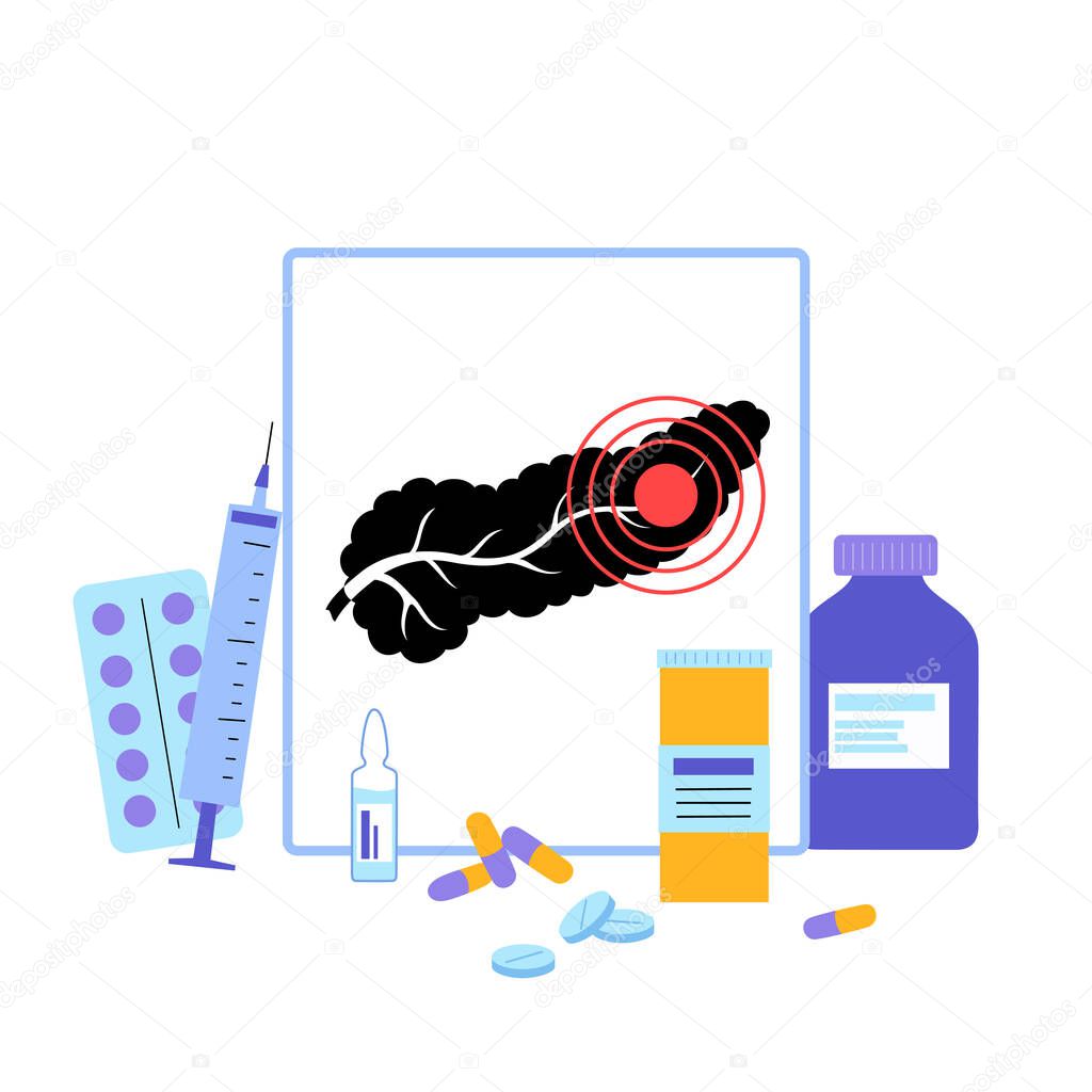 Pain or inflammation in pancreas. Gastrointestinal clinic or hospital icon. Digestive system disease and treatment concept. Cancer in Internal organs flat vector illustration. Medical poster, template