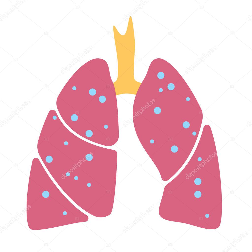 Lungs anatomy, logo for clinic. Virus in respiratory system. Transplantation center or pulmonology clinic. Tuberculosis, pneumonia and asthma. Human internal organs medical flat vector illustration.