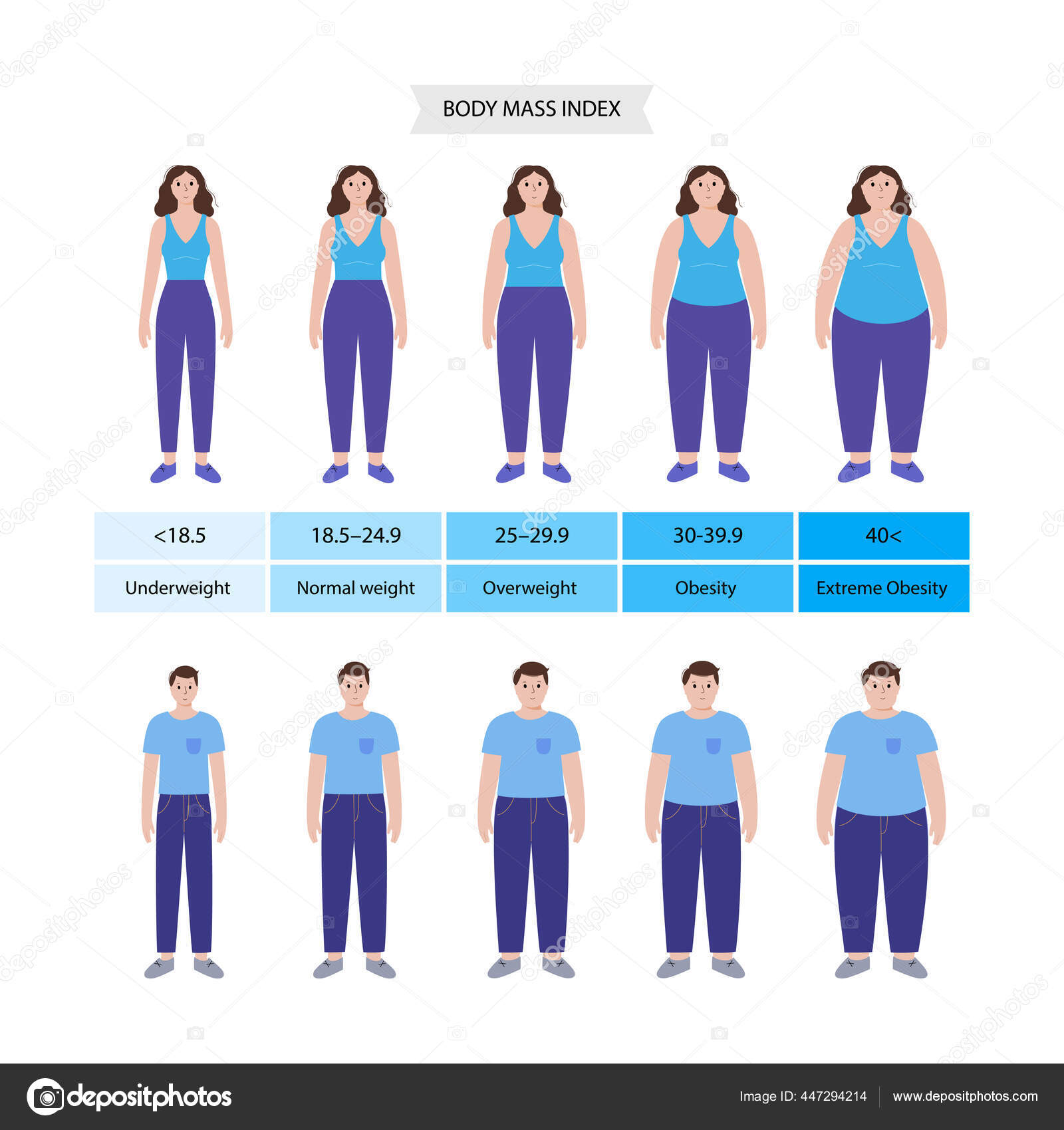 Medical infographics with illustrations of female body mass index. Scales  from fat to fitness woman Stock Vector