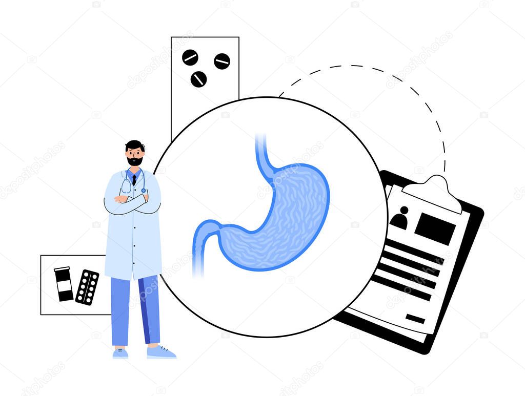 Stomach logo for clinic. Medical appointment with a doctor gastroenterologist. Human internal organs medical examination. Diagnosis of stomach diseases, cancer or ulcer flat vector illustration.