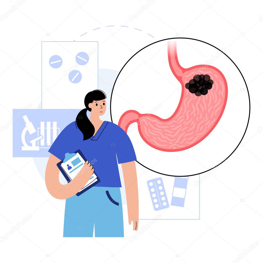 Cancer and inflammation in stomach. Medical appointment with a doctor. Pain, tumor, disease in the digestive system. Internal organs exam concept. Medical poster. Abdominal trauma vector illustration