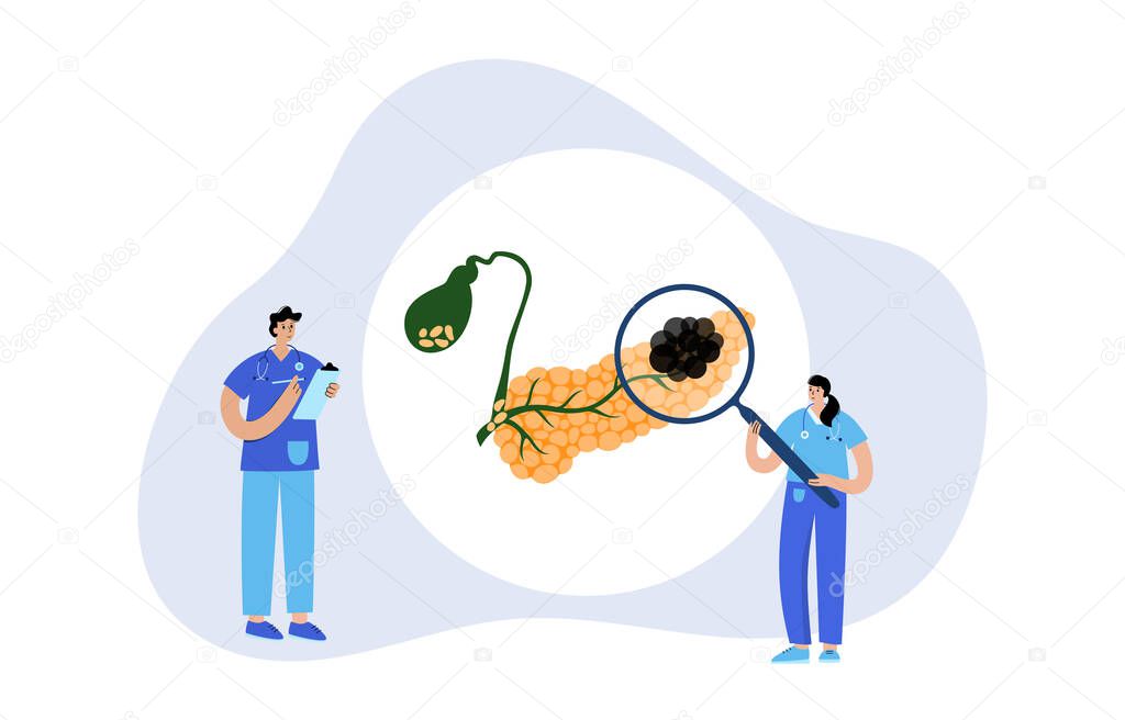 Pancreatic cancer logo, pancreas disease. Medical appointment and treatment in clinic. Tumor, pain and inflammation in digestive system. Human internal organs anatomical exam flat vector illustration.