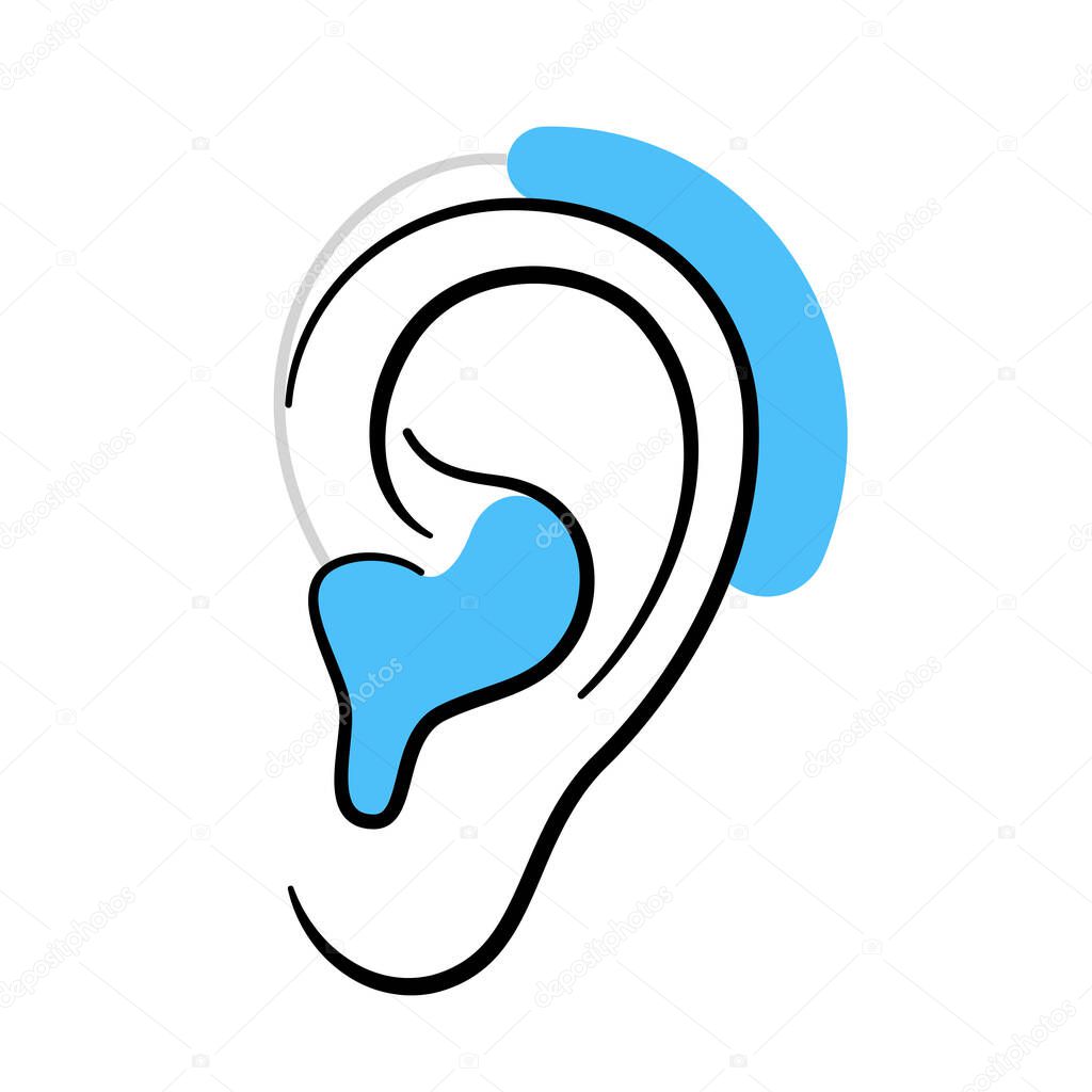 Human hearing aid icon. Ear sound receiver concept. Hearing loss problems. Deafness problems isolated flat vector illustration.