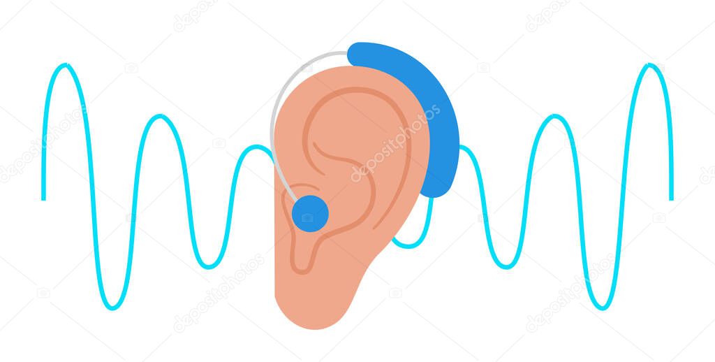 Human hearing aid icon. Ear sound receiver concept. Hearing loss problems. Deafness problems isolated flat vector illustration.