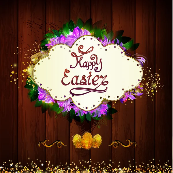 Joyeux vœux de Pâques sur un fond en bois avec des paillettes d'or — Image vectorielle