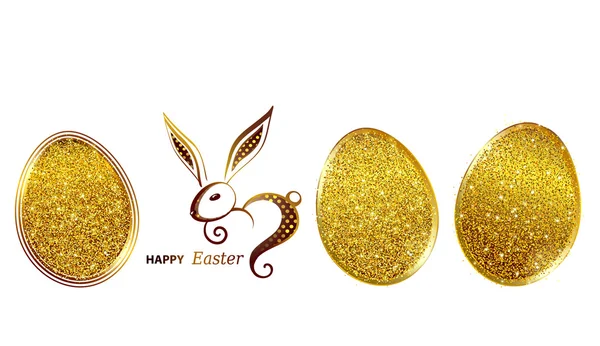 Gelukkig Pasen wenskaart met gouden konijn pictogram en eieren — Stockvector