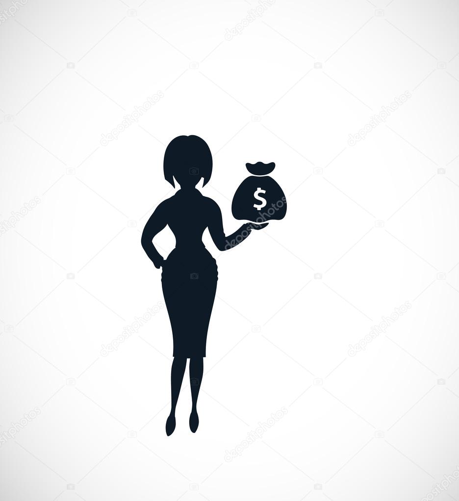 The silhouette of strict woman pointing on money bag. Could be used as illustration for the  wide range of financial  operations.