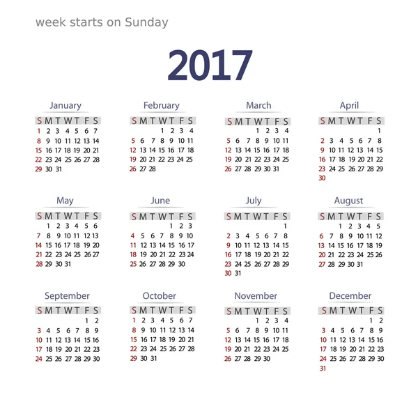 Modèle de calendrier 2017. Format d'affaires. La semaine commence le dimanche . — Image vectorielle