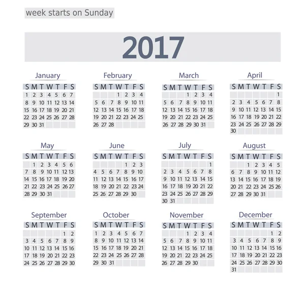 Modèle de calendrier 2017. Format d'affaires. La semaine commence le dimanche . — Image vectorielle