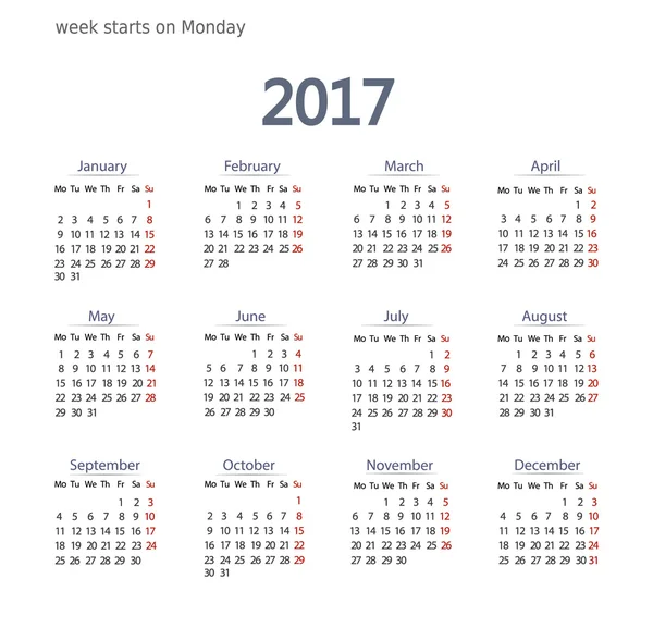 017 Modèle de calendrier. Format d'affaires. La semaine commence le lundi — Image vectorielle