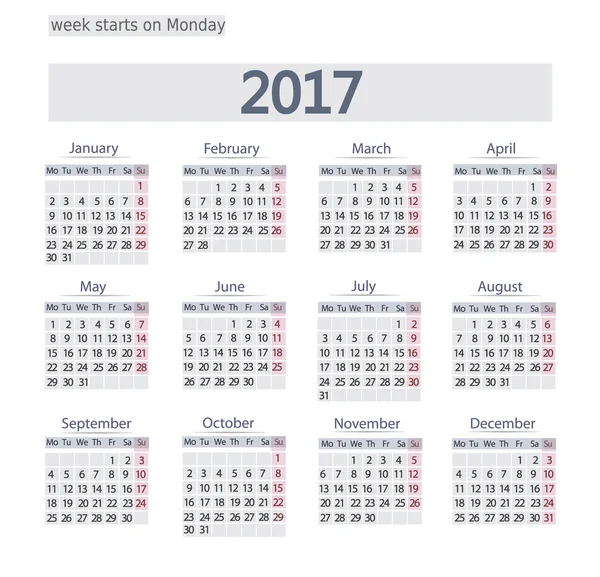 2017 szablon kalendarza. Format biznesu. Tydzień rozpoczyna się w poniedziałek — Wektor stockowy