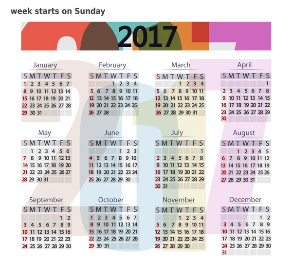 2017 szablon kalendarza. Format biznesu. Tydzień rozpoczyna się w niedzielę. — Wektor stockowy