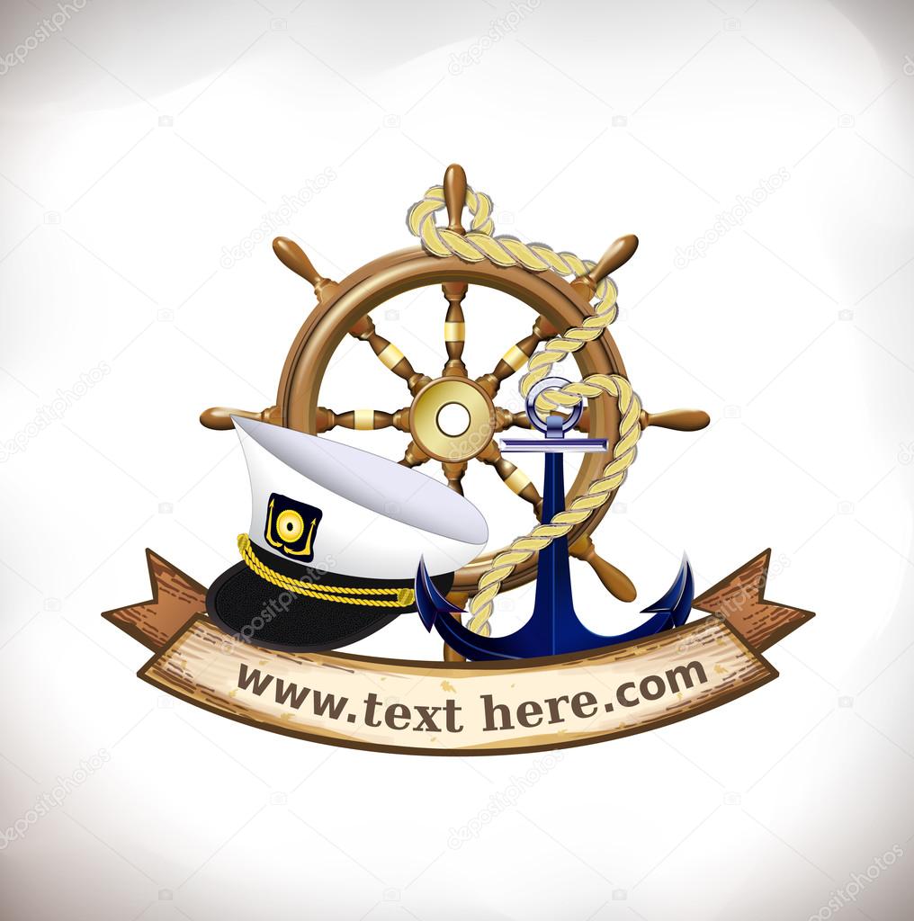 The icon of most useful marine symbols grouped with banner for your text.