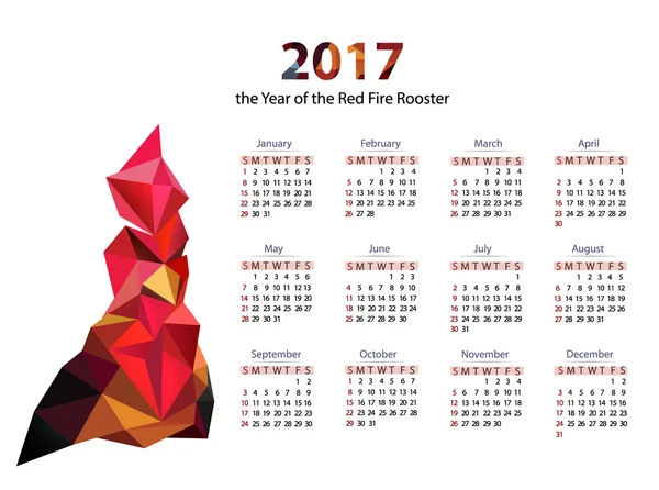 Szablon kalendarza 2017 z symbolem Red rooster jako symbol roku. Tydzień rozpoczyna się w niedzielę — Wektor stockowy