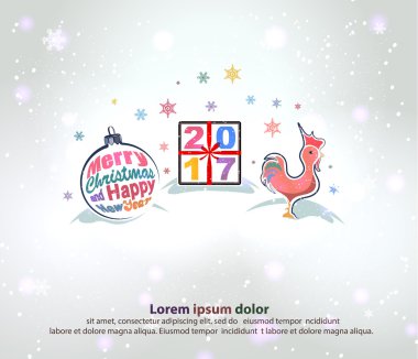 Neşeli Noel ve mutlu yeni yıl sınır bir Noel ağacı oyuncak, hediye kutusu ve kırmızı horoz gibi üç ana simge şeklinde.