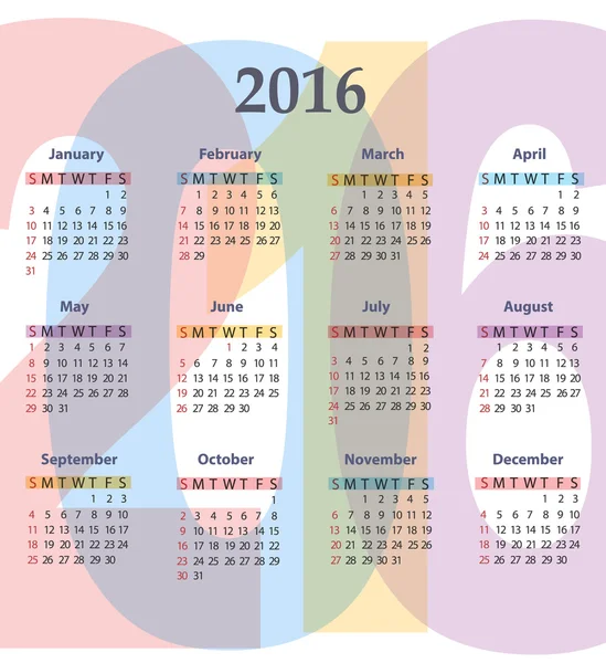 2016 calendar template — Stock Vector