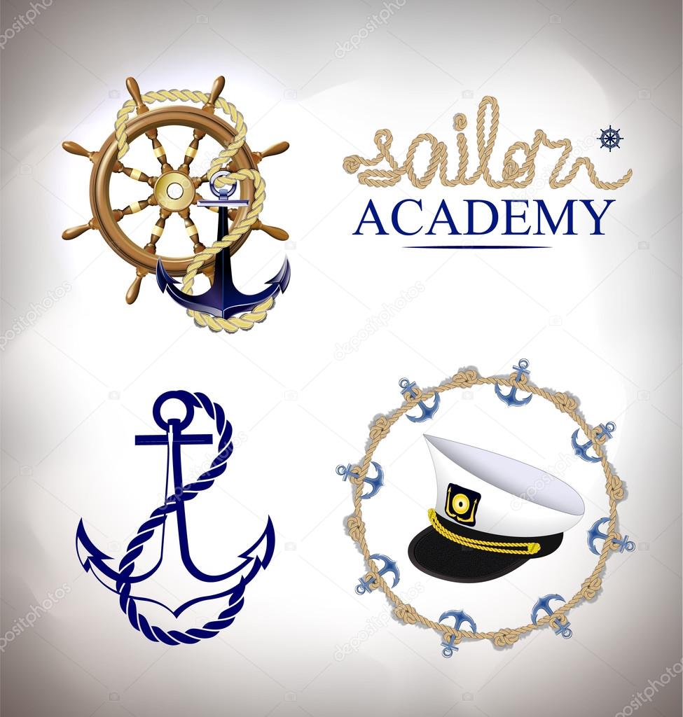 The set of marine, sea emblems. sailor cap, steering wheel, anchor