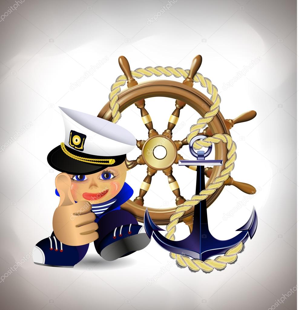 Set travel concept. sailor, steering wheel, anchor. vector