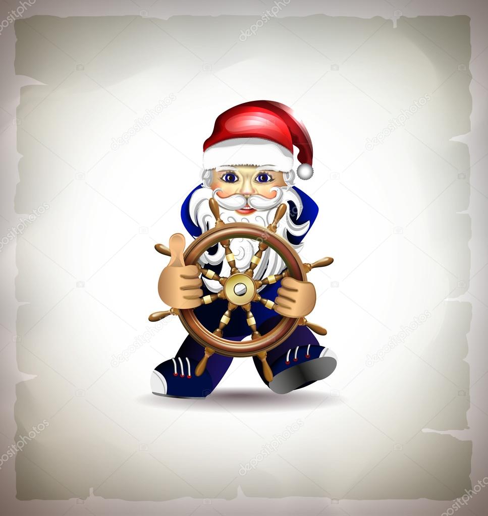 Sailor dressed as Santa holding steering wheel. vector