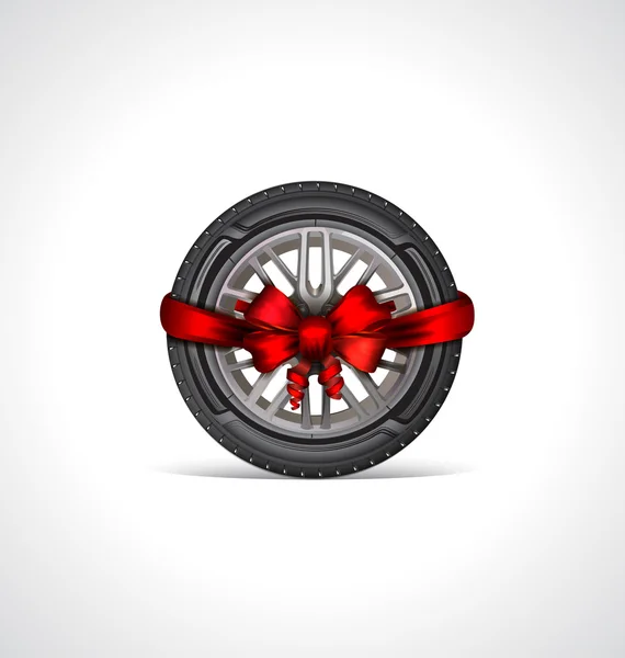 Icono de neumático de coche con lazo rojo — Vector de stock