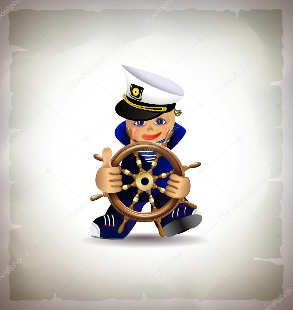 Cartoon sailor symbol. boy in marine clothing holding steering wheel