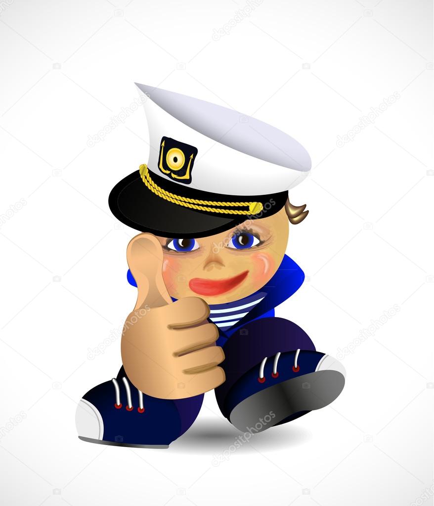 Cartoon sailor symbol. boy in marine clothing showing thumb up