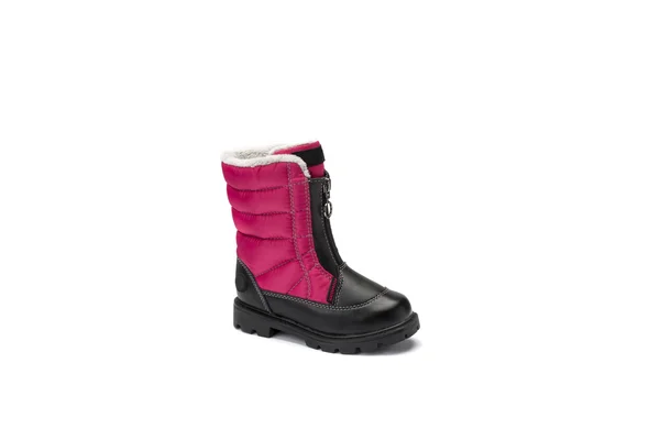 Botas de invierno para niños rosas y negras sobre fondo blanco —  Fotos de Stock