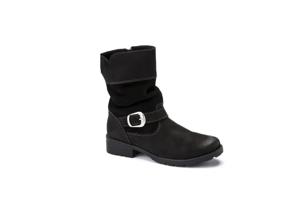 Black suede childrens boot on a white background — Stock Photo, Image