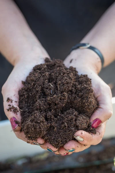 Frau hält Gartenerde in den Händen — Stockfoto