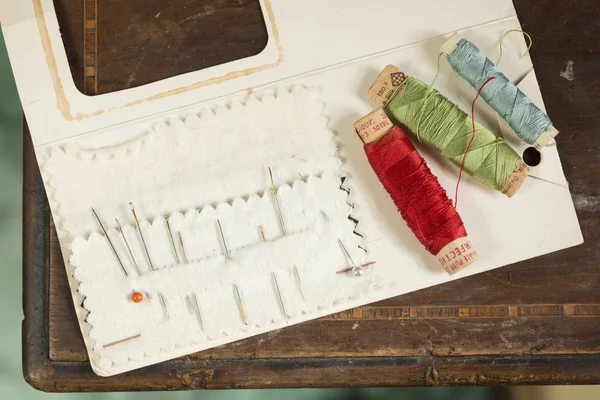 Basic Sewing Kit on Wooden Surface — Φωτογραφία Αρχείου