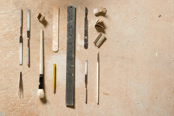 Εργαλεία για τέχνες και βιοτεχνίες επίπεδη Lay με αντίγραφο χώρου — Φωτογραφία Αρχείου