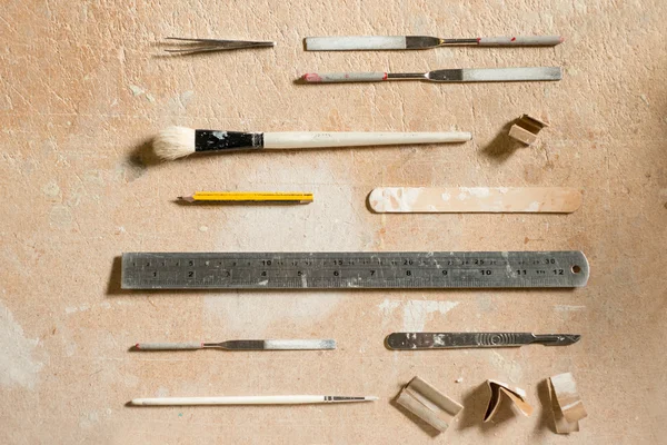 Arts and Crafts Equipment Flat Lay on Wooden Surface — Stock Photo, Image