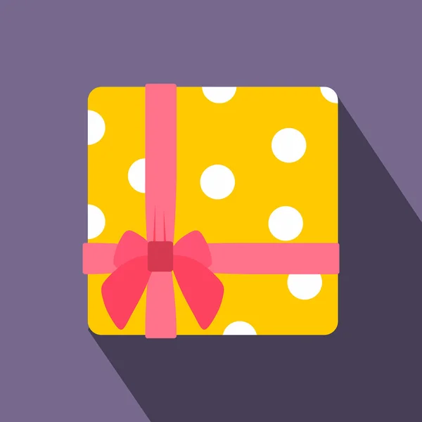 Yellow gift box with pink ribbon flat icon — Stock Vector